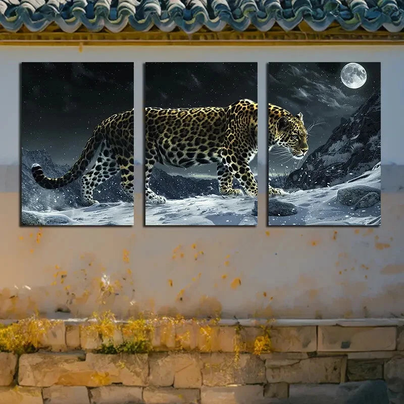 3pcs Leopard on the Mountain with Moon View Scene Metal Print Ready to Hang Art - Bella Home Decor