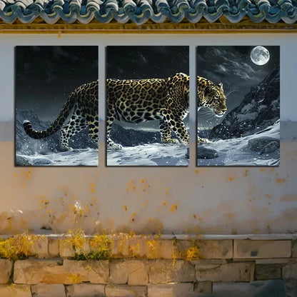3pcs Leopard on the Mountain with Moon View Scene Metal Print Ready to Hang Art - Bella Home Decor