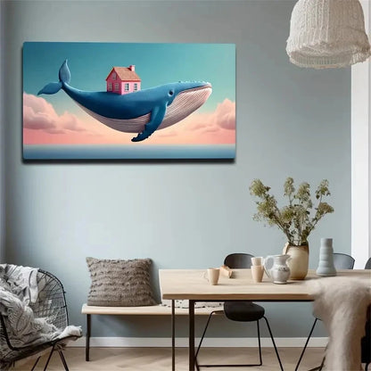 Blue Whale & Pink House Wall Art Canvas Office Home Room Framed 120x60cm