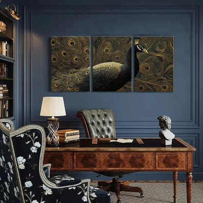 3pcs Elegant Peacock Golden Feathers Intricate Metal Print Ready to Hang Art