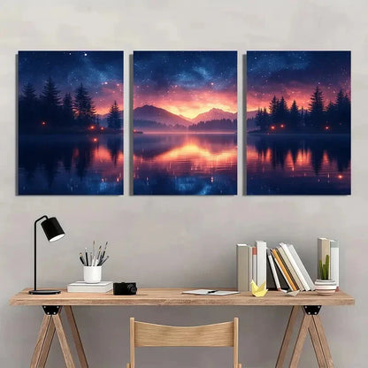 3pcs Pine Trees & Mountain Night Sky Landscape Metal Print Ready to Hang Art - Bella Home Decor