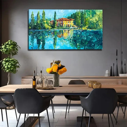 Serene Lakeside House Wall Art Canvas Office Home Room Framed 120x60cm