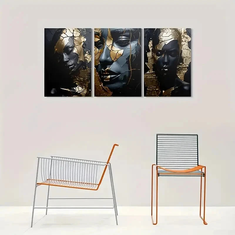 3pcs Golden and Black Cracked Face Metal Print Ready to Hang Art - Bella Home Decor