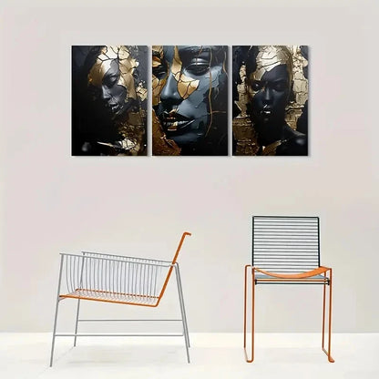 3pcs Golden and Black Cracked Face Metal Print Ready to Hang Art - Bella Home Decor