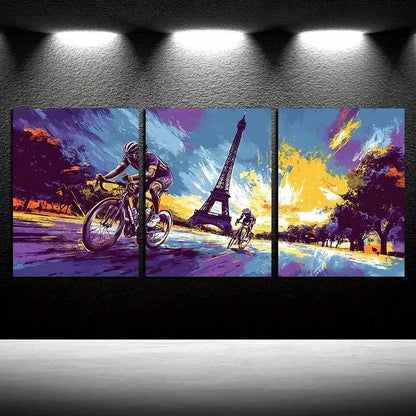 3pcs Cycling and Eiffel Tower Themed Metal Print Ready to Hang Art - Bella Home Decor
