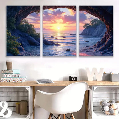 3pcs Meili Cave Seascape Sunset Triptych   Wall Art Set Canvas Framed 50x70cm - High Quality Print 100% Australian Made Wall Canvas Ready to Hang