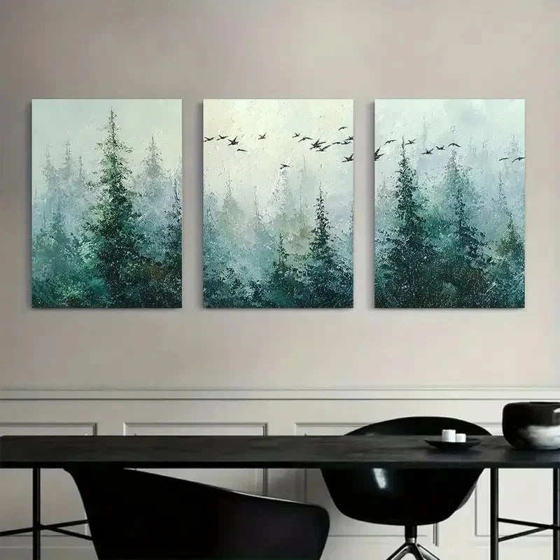 3pcs Forest with Pine Trees And Flying Birds Metal Print Ready to Hang Art - Bella Home Decor