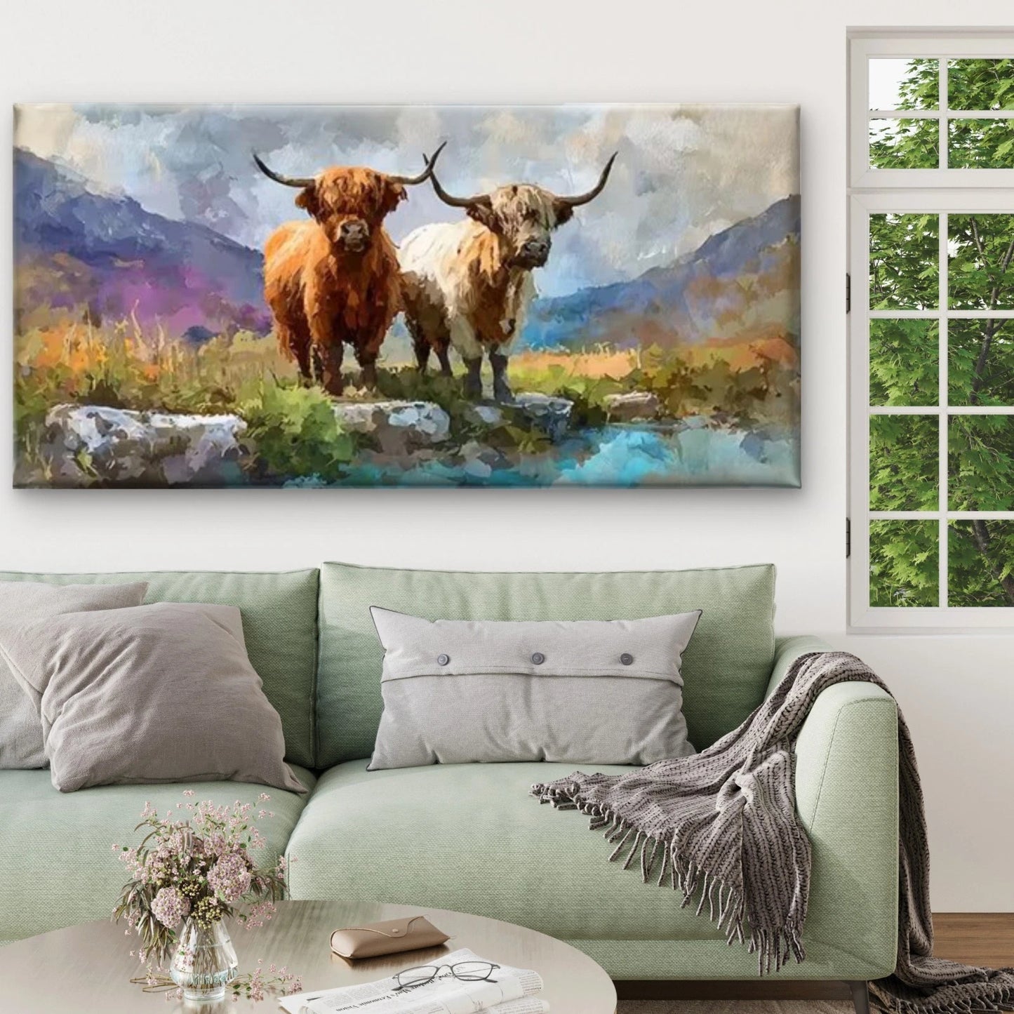 Mother & Calf in Scottish Countryside Wall Art Canvas Office Home Room Framed 120x60cm - Bella Home Decor