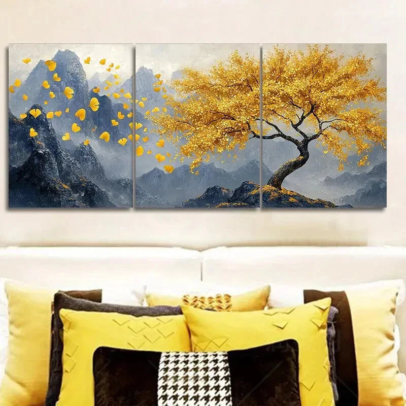 3pcs Golden Tree Modern Style Metal Print Ready to Hang Art - Bella Home Decor