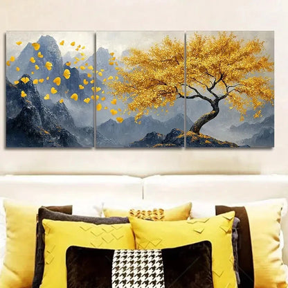 3pcs Golden Tree Modern Style Metal Print Ready to Hang Art - Bella Home Decor