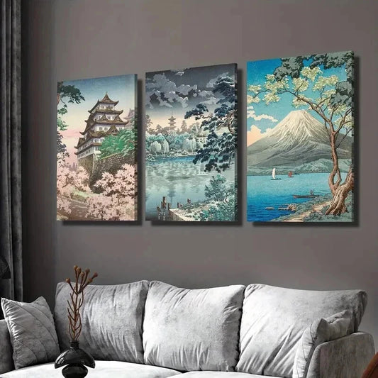 3pcs Japanese Retro Landscapes Decoration Wall Art Set Canvas Framed 60x90cm - High Quality Print 100% Australian Made Wall Canvas Ready to Hang