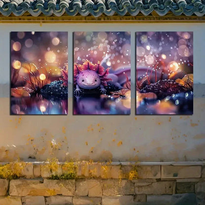 3pcs Smiling Axolotl by The Pool Design Metal Print Ready to Hang Art - Bella Home Decor