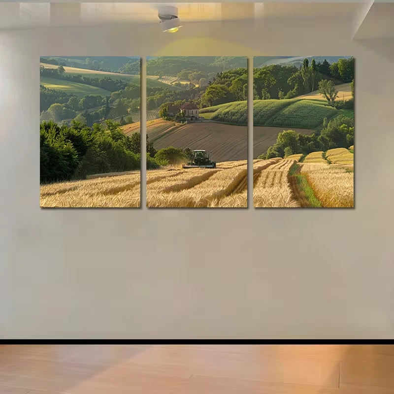 3pcs Golden Valley Harvest Scene with Tractor Wall Art Set Canvas Framed 50x70cm - High Quality Print 100% Australian Made Wall Canvas Ready to Hang - Bella Home Decor
