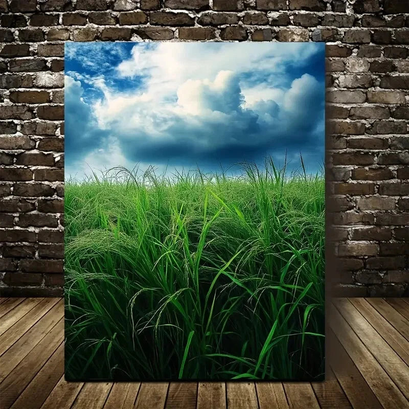 Beautiful Green Sugarcane Grassland Painting 40x60cm Metal Print Ready to Hang - Bella Home Decor