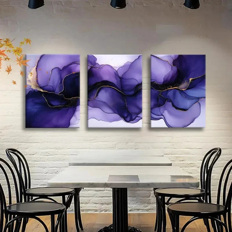 3pcs Flowing Purple Watercolor with Golden Veins Metal Print Ready to Hang Art - Bella Home Decor