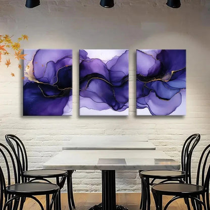 3pcs Flowing Purple Watercolor with Golden Veins Metal Print Ready to Hang Art - Bella Home Decor
