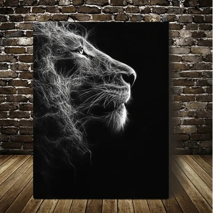 Striking Black & White Lion Portrait Painting  40x60cm Metal Print Ready to Hang - Bella Home Decor
