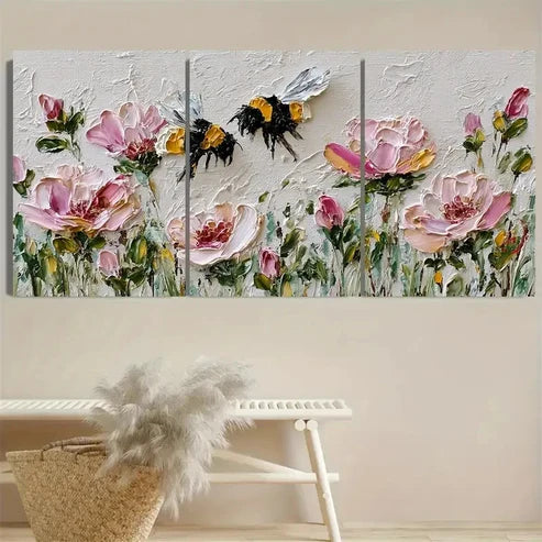 3pcs Bumblebee Art Pink Rose Flower Wall Art Canvas Unframed - High Quality Print 100% Australian Made Wall Canvas - Bella Home Decor
