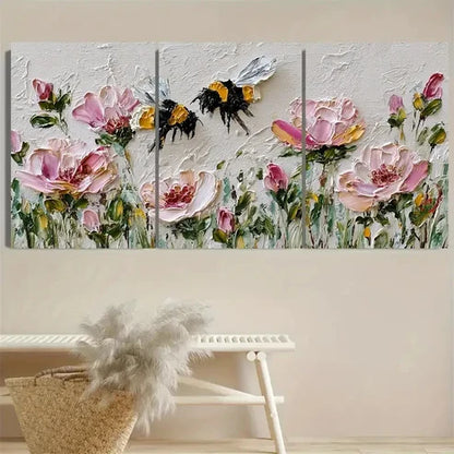 3pcs Bumblebee Art Pink Rose Flower Wall Art Canvas Unframed - High Quality Print 100% Australian Made Wall Canvas - Bella Home Decor