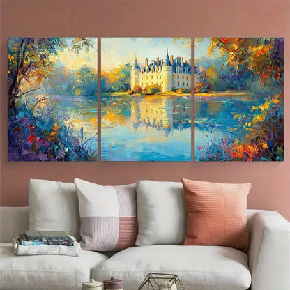 3pcs Chateau Of Light Impressionist Landscape Wall Art Set Canvas Framed 60x90cm - High Quality Print 100% Australian Made Wall Canvas Ready to Hang - Bella Home Decor