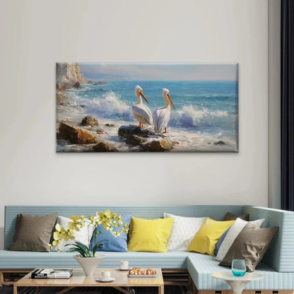 White Pelicans by Ocean Cliff WaWall Art Canvas Office Home Room Framed 120x60cm