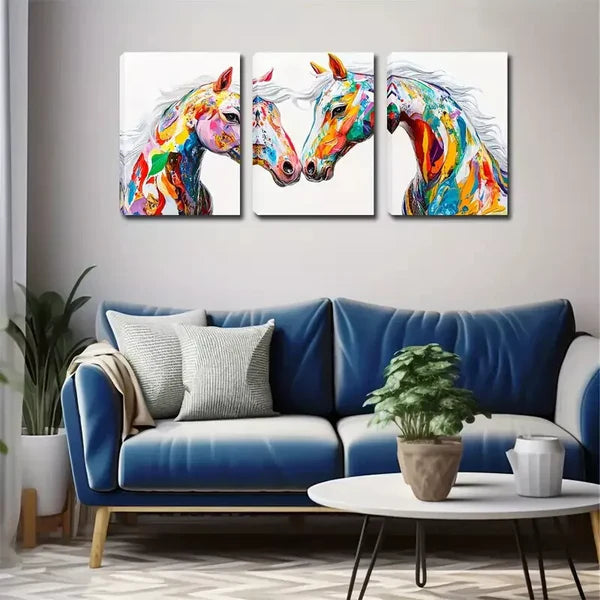 3pcs Two Colorful Horses Wall Art Set Canvas Framed 60x90cm - High Quality Print 100% Australian Made Wall Canvas Ready to Hang - Bella Home Decor