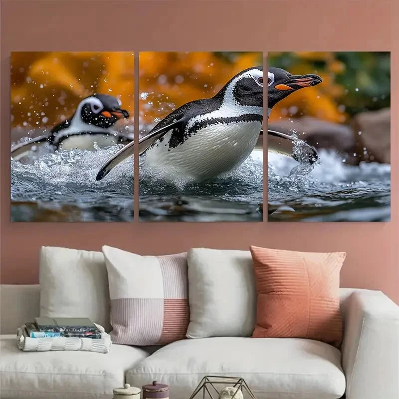 3pcs African Black Footed Penguin Swimming Sea Metal Print Ready to Hang Art - Bella Home Decor
