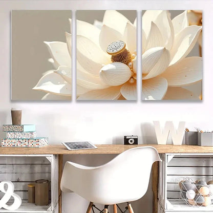 3pcs Lotus White Flowers Painting Wall Art Set Canvas Framed 60x90cm - High Quality Print 100% Australian Made Wall Canvas Ready to Hang