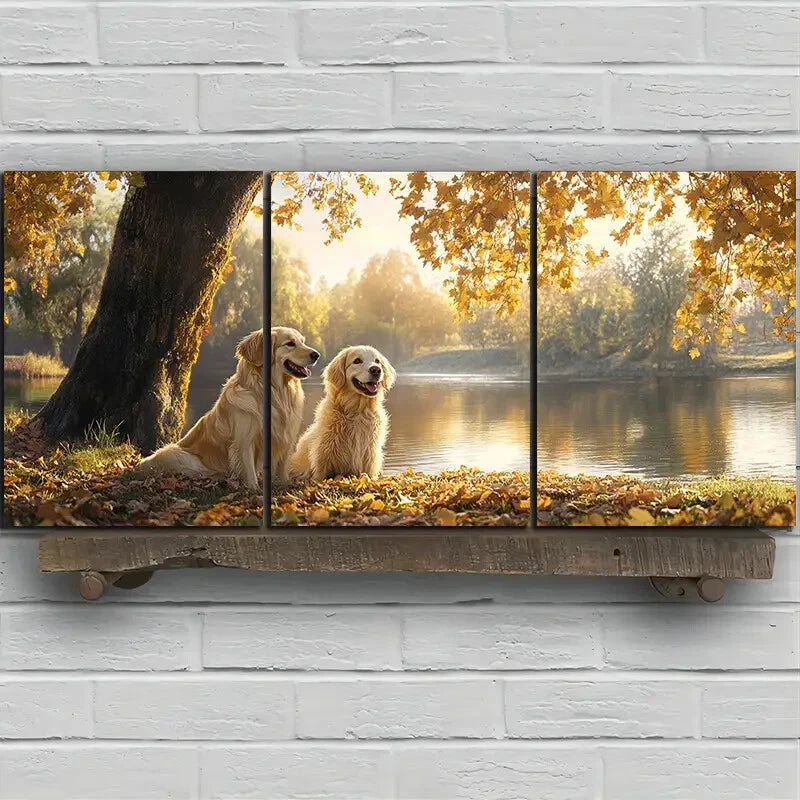 3pcs Featuring Dogs by a Forest Lake Metal Print Ready to Hang Art - Bella Home Decor