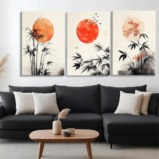 3pcs Bamboo and Red Sun Minimalist Perfect Wall Art Set Canvas Framed 60x90cm - High Quality Print 100% Australian Made Wall Canvas Ready to Hang