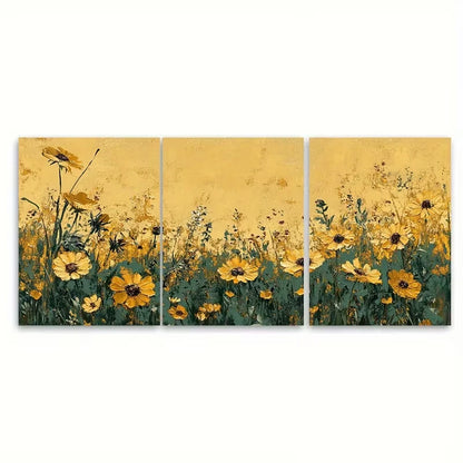 3pcs Golden Vintage Wildflower Field Landscape Metal Print Ready to Hang Art - Bella Home Decor