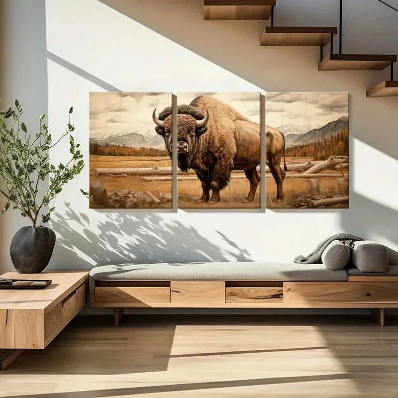 3pcs Bison Landscape Art Mountain Wildlife Scene Metal Print Ready to Hang Art - Bella Home Decor
