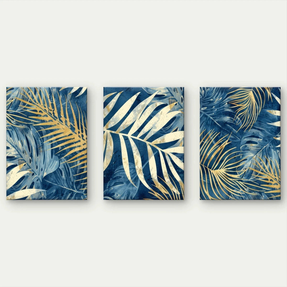 3pcs Modern Abstract Blue and Gold Palm Leaves Wall Art Set Canvas Framed 50x70cm - High Quality Print 100% Australian Made Wall Canvas Ready to Hang