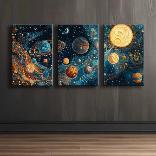 3pcs Space Planets Theme Wall Art Set Canvas Framed 60x90cm - High Quality Print 100% Australian Made Wall Canvas Ready to Hang