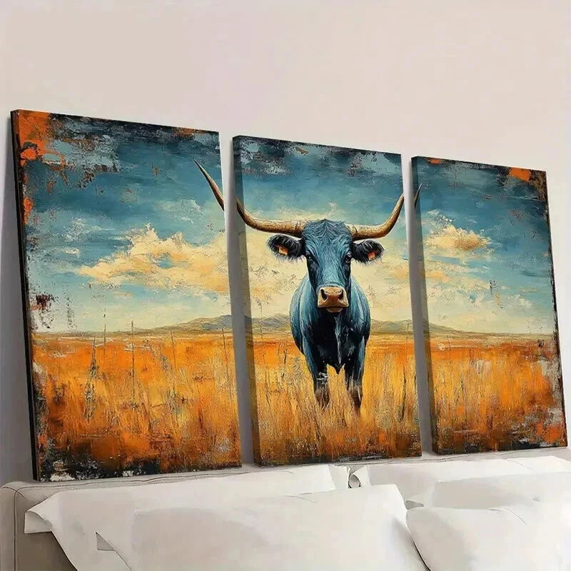 3pcs Rustic Cow in Blue & Orange Field Wall Art Set Canvas Framed 50x70cm - High Quality Print 100% Australian Made Wall Canvas Ready to Hang
