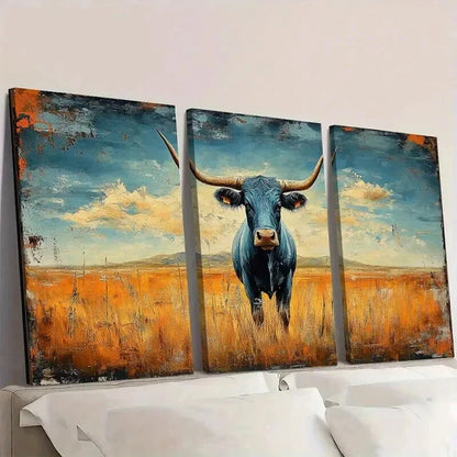 3pcs Rustic Cow in Blue & Orange Field Wall Art Set Canvas Framed 50x70cm - High Quality Print 100% Australian Made Wall Canvas Ready to Hang