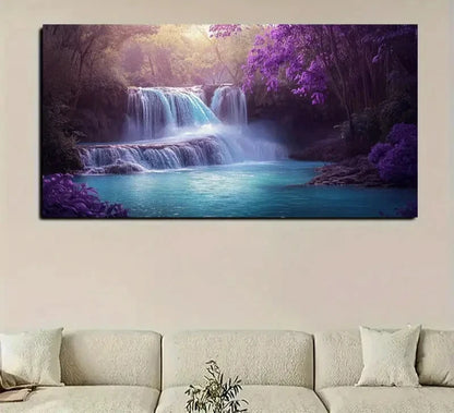 Retro Purple Waterfall Nature  Wall Art Canvas Office Home Room Framed 120x60cm