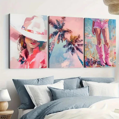 3pcs Palm Summer Cowgirl Girly Trendy Dorm Wall Art Set Canvas Unframed - High Quality Print 100% Australian Made Wall Canvas