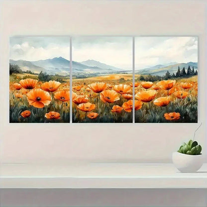 3pcs Orange Poppy Wildflower Watercolor Metal Print Ready to Hang Art - Bella Home Decor