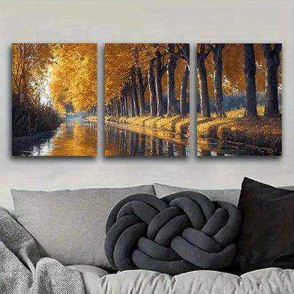 3pcs Golden Autumn River Trees Nature Metal Print Ready to Hang Art