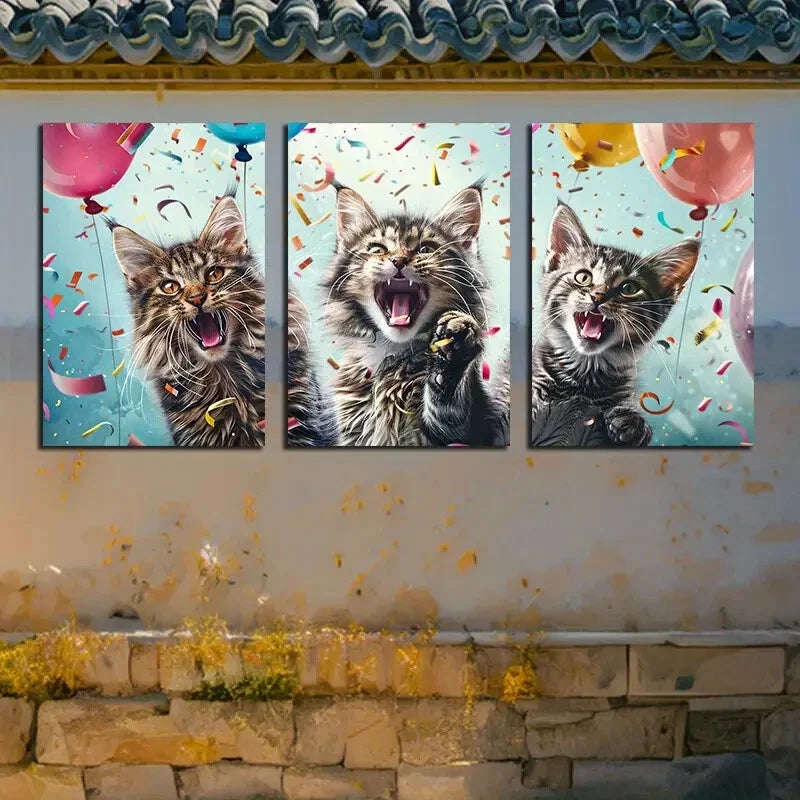 3pcs Vibrant Cat Celebration with Balloon Design Metal Print Ready to Hang Art - Bella Home Decor