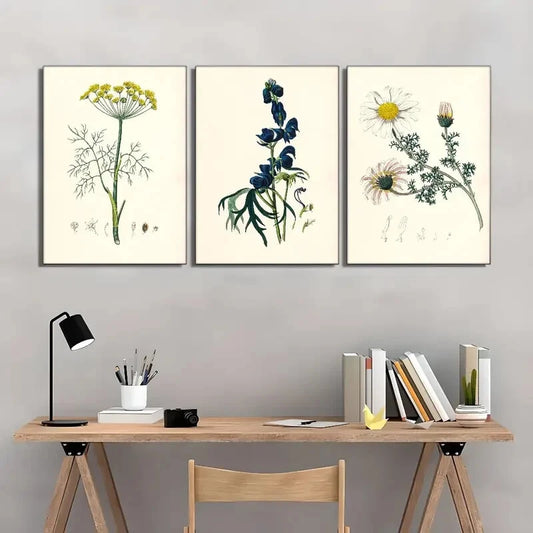 3pcs Minimalist Floral & Herbal Designs Metal Print Ready to Hang Art