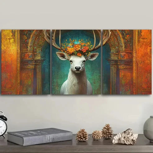 3pcs A white deer with flowers on its head  Wall Art Set Canvas Unframed - High Quality Print 100% Australian Made Wall Canvas - Bella Home Decor
