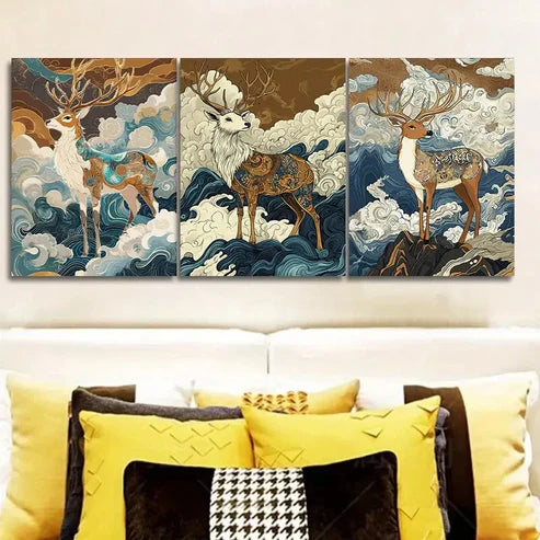 3pcs Majestic Deer with Dual Antlers Wall Art Set Canvas Unframed - High Quality Print 100% Australian Made Wall Canvas