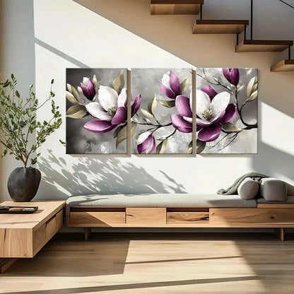 3pcs Set of Elegant Magnolia Floral Metal Print Ready to Hang Art - Bella Home Decor