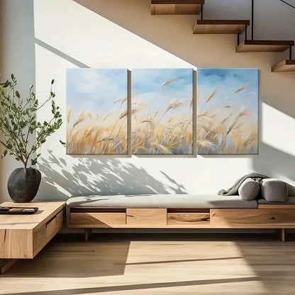 3pcs Golden Wheat Blue Sky Landscape Art Metal Print Ready to Hang Art - Bella Home Decor