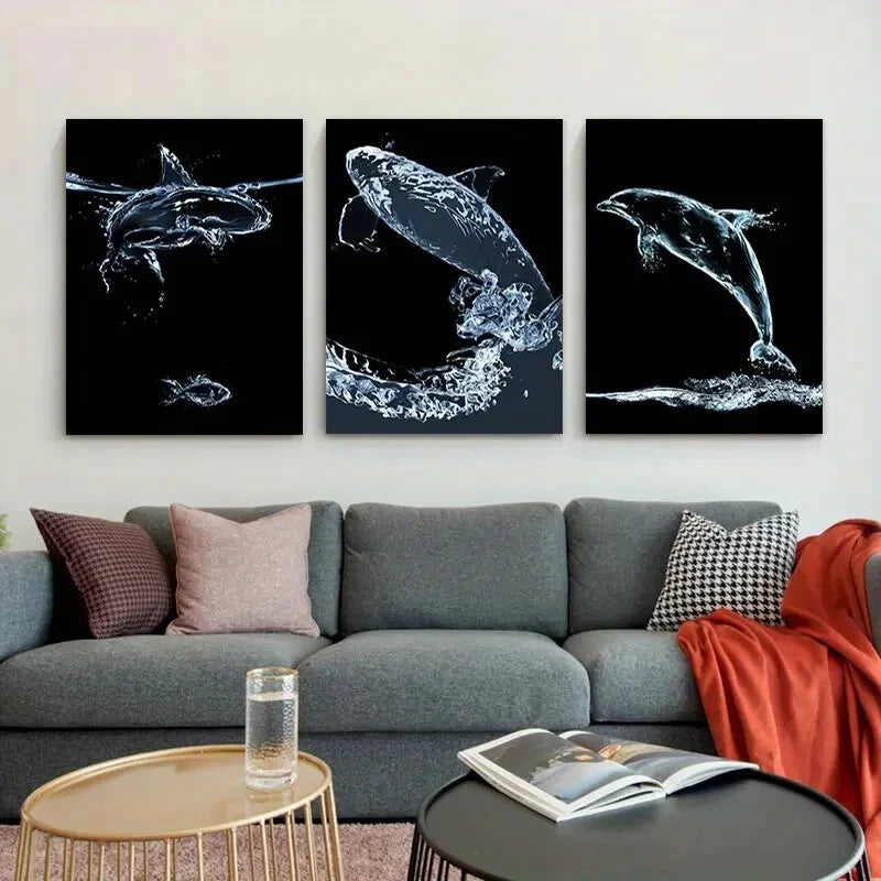 3pcs Water Drop Wave Fish Elegant Metal Print Ready to Hang Art