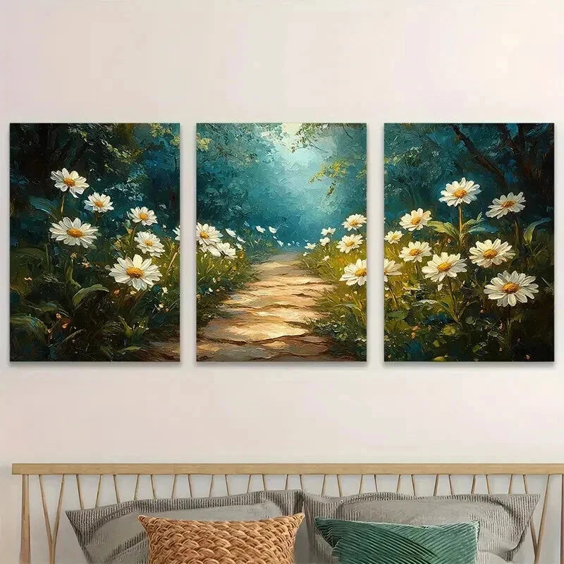 3pcs Serene Nature Scene White Daisies Perfect Wall Art Set Canvas Framed 50x70cm - High Quality Print 100% Australian Made Wall Canvas Ready to Hang - Bella Home Decor