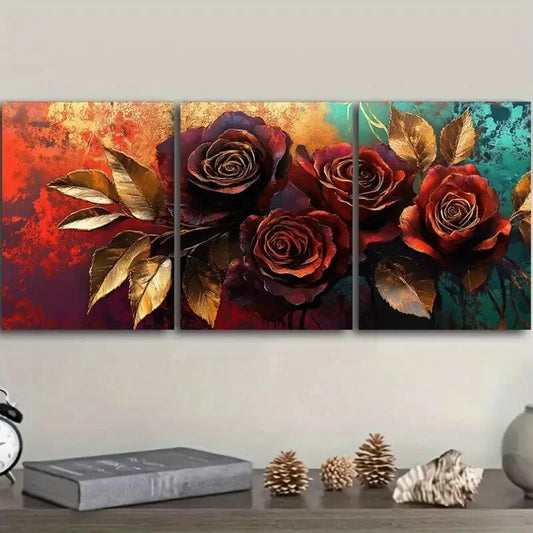 3pcs A painting of a rose in Golden leaf Metal Print Ready to Hang Art