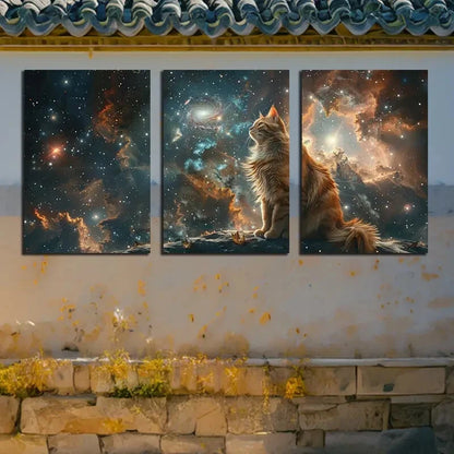 3pcs Whimsical Cat Space Themed Design Metal Print Ready to Hang Art - Bella Home Decor